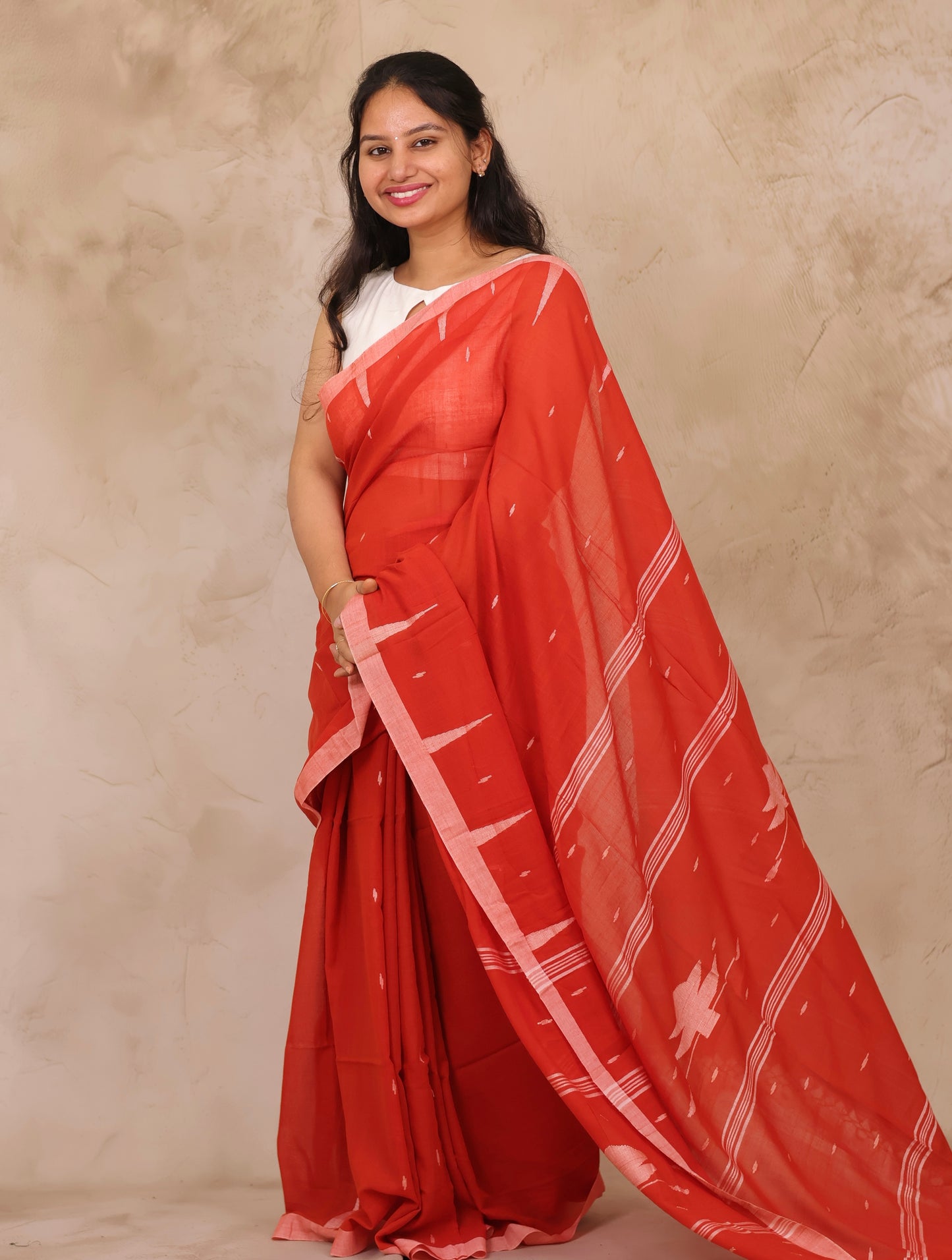 Orange Handwoven Malai Cotton Saree| Looms & Tassels
