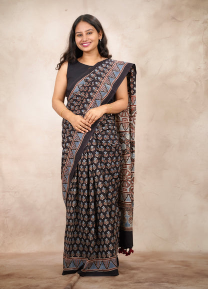 Black Ajrakh Hand Block Printed Cotton Saree | Looms & Tassels