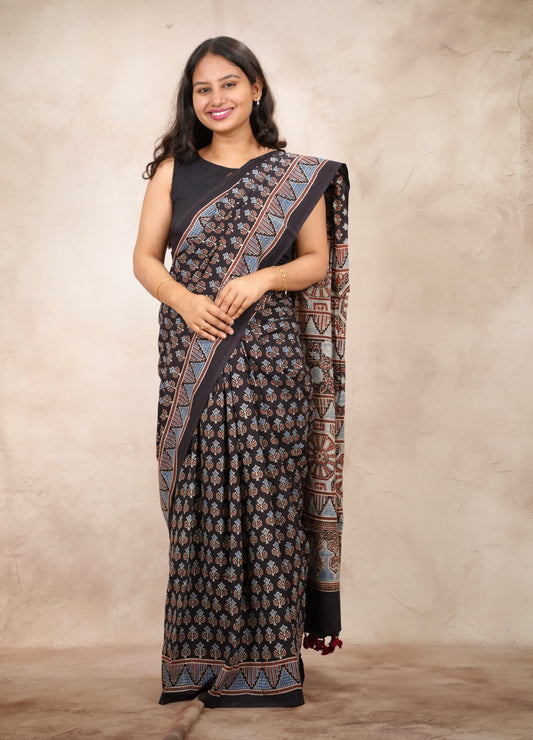 Black Ajrakh Hand Block Printed Cotton Saree | Looms & Tassels