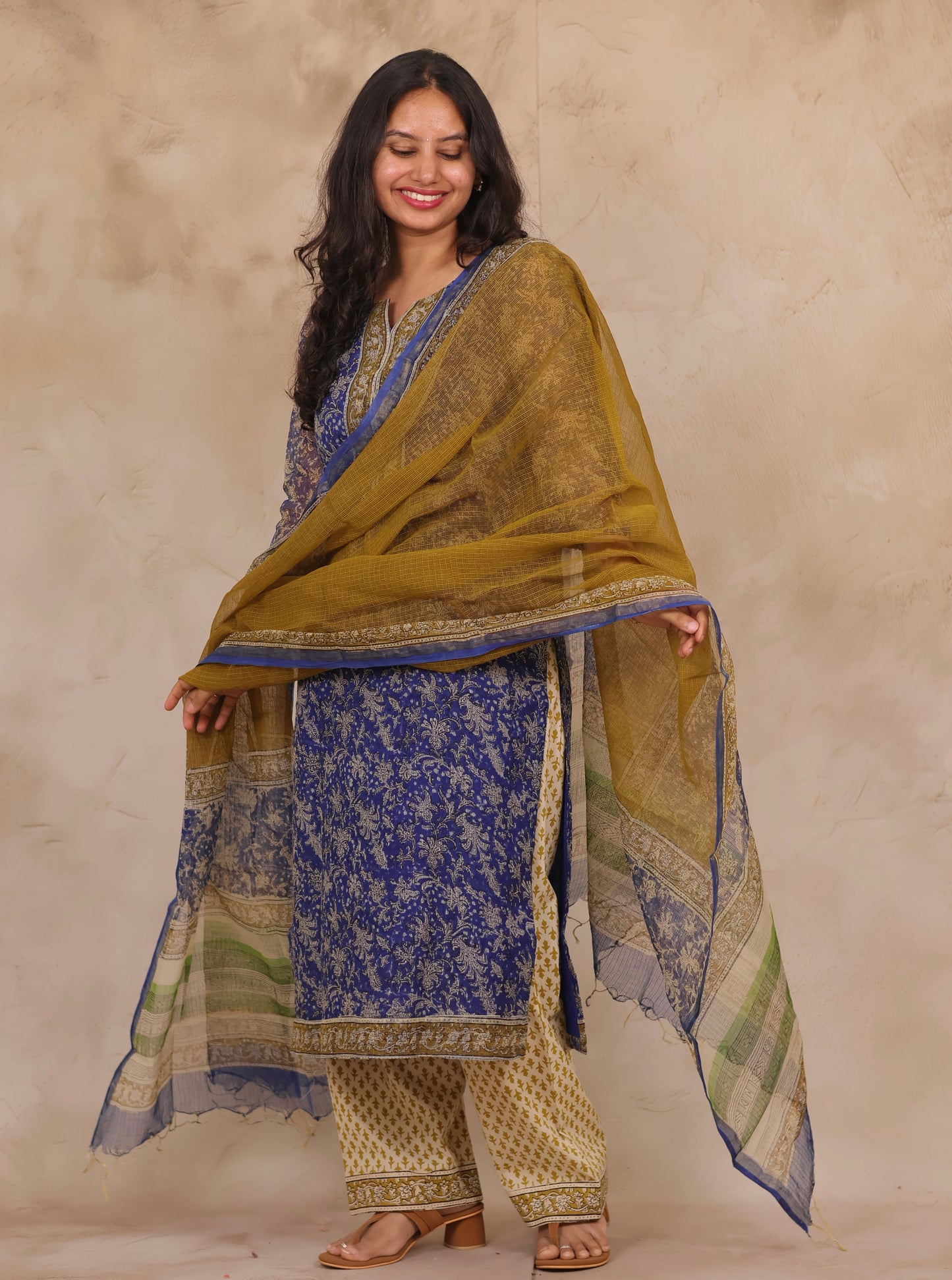 Blue Handblock printed kota 3 piece suit (stitched)