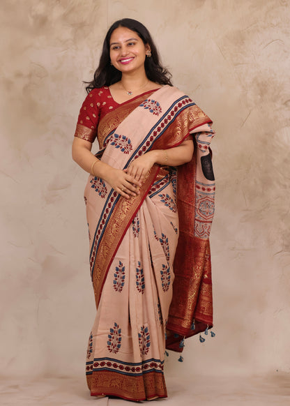 Ajrakh Handblock printed Dola Silk Saree | Looms & Tassels