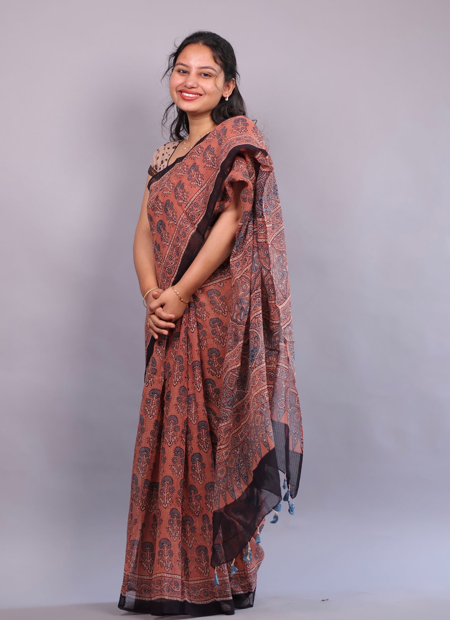 Ajrakh Hand Block Printed Kota Doria Saree | Looms & Tassels