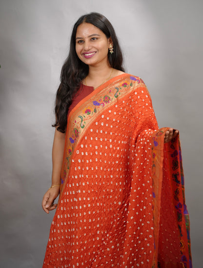 Orange Handcrafted Bandhani Paithani Dola Silk Saree | Looms & Tassels
