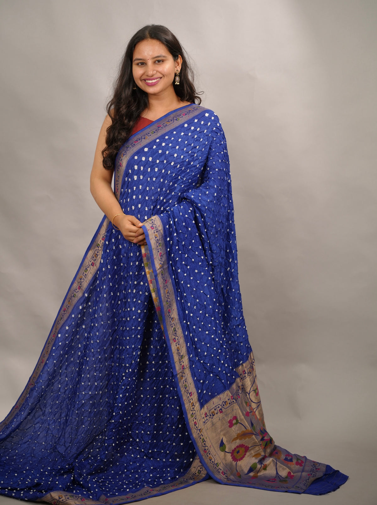 Blue Handcrafted Bandhani Paithani Dola Silk Saree | Looms & Tassels