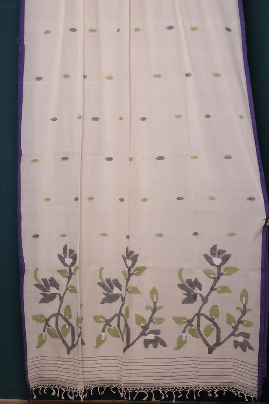 White Pure Handwoven Jamdhani Malai Cotton Saree