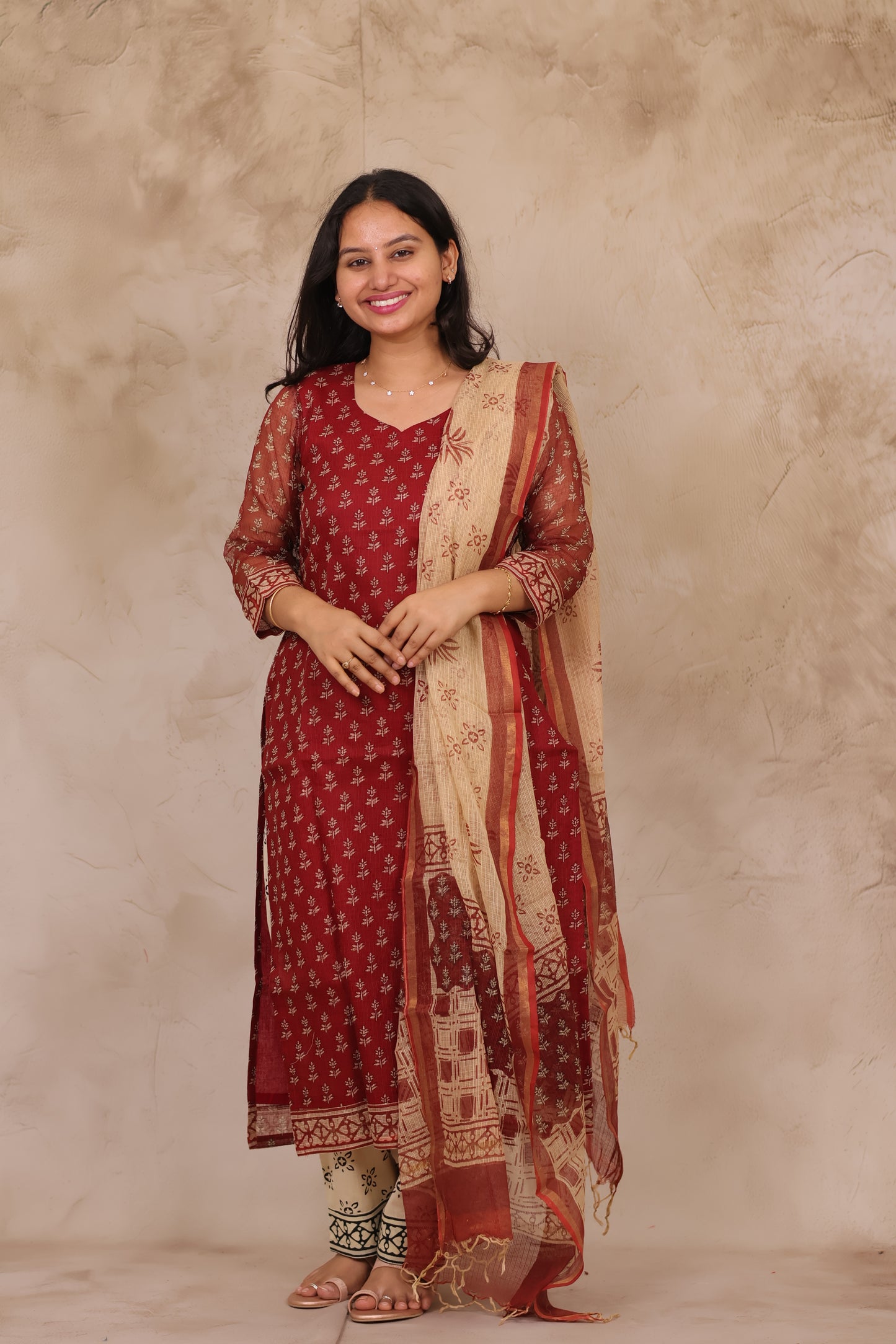 Maroon Handblock printed kota 3 piece suit (stitched)