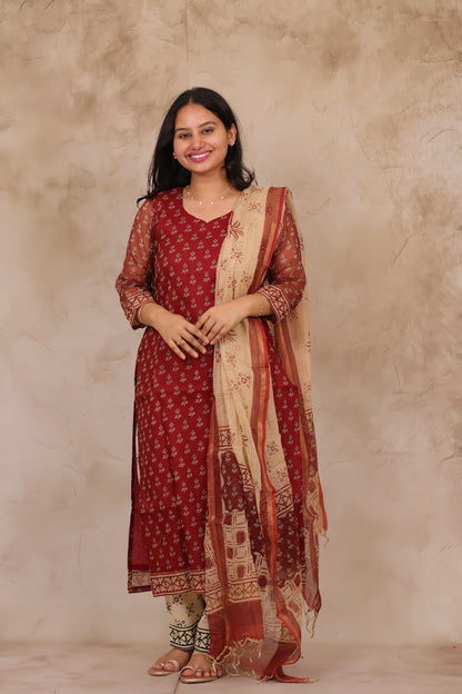Maroon Handblock printed kota 3 piece suit (stitched)