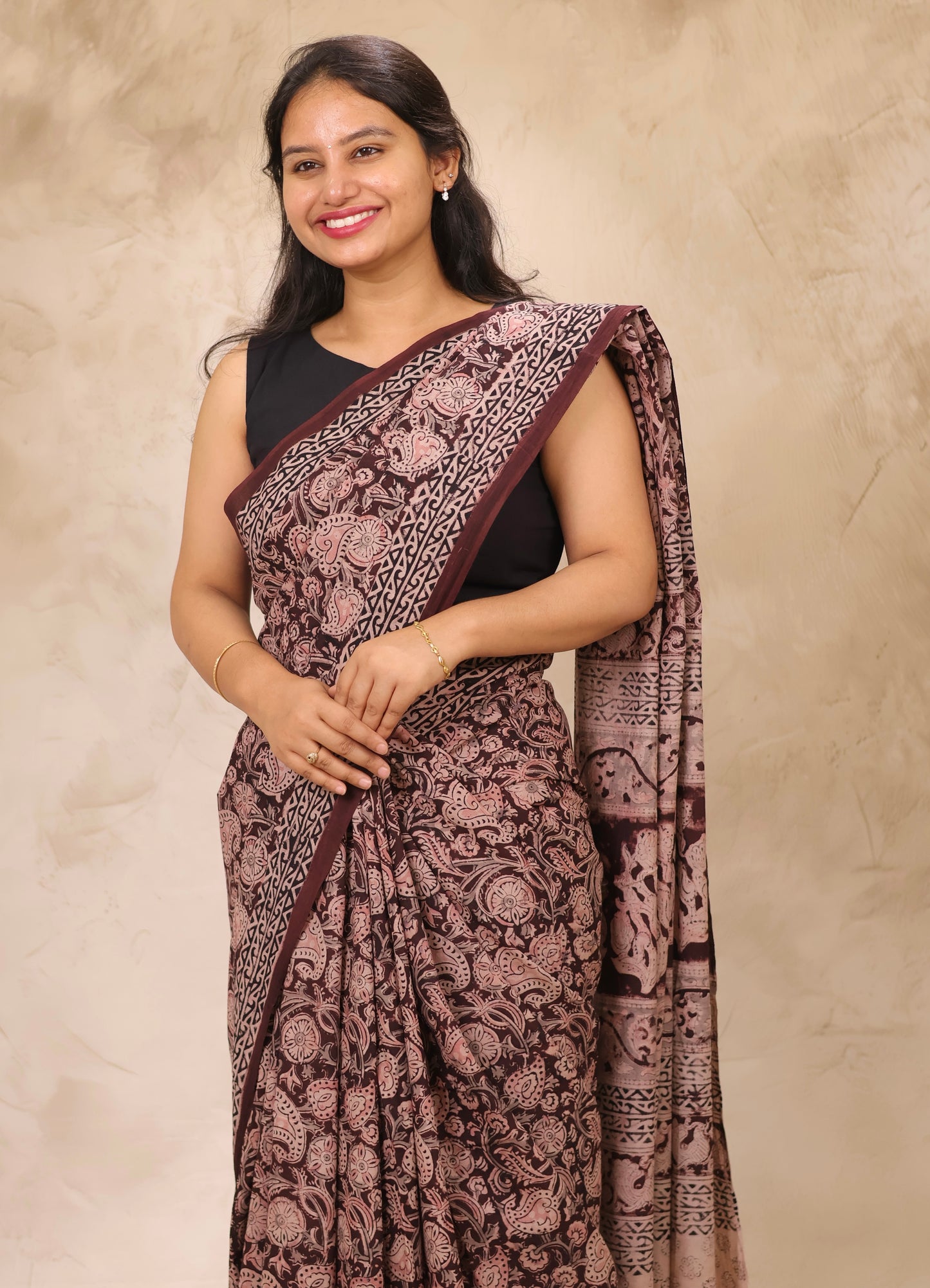 Deep Maroon Hand Block Printed Kalamkari Cotton Saree | Looms & Tassels