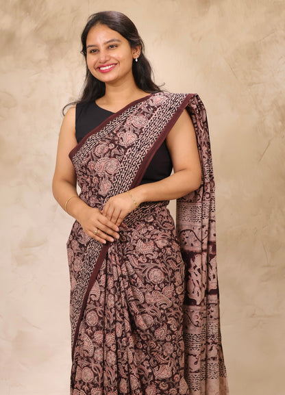 Deep Maroon Hand Block Printed Kalamkari Cotton Saree | Looms & Tassels