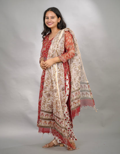 Red Handblock printed kota 3 piece suit (stitched)