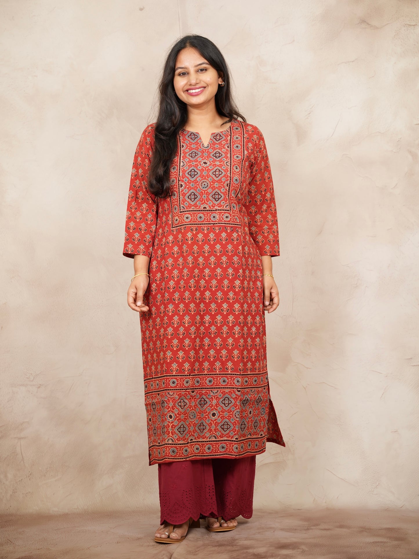 Red Ajrakh Pattern Hand Block printed Kurti | Looms & Tassels