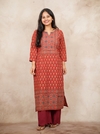 Red Ajrakh Pattern Hand Block printed Kurti | Looms & Tassels