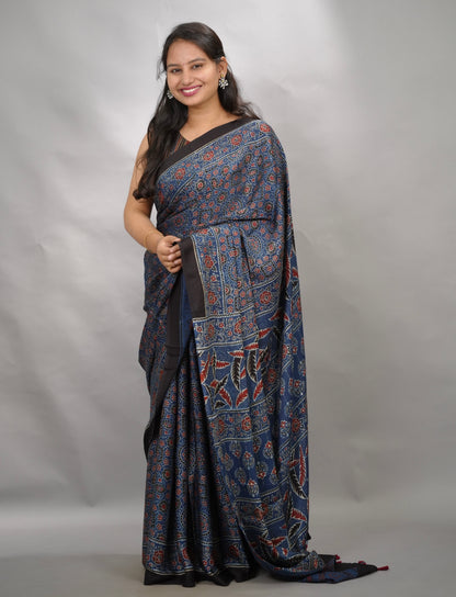 Indigo Blue Authentic Ajrakh Handblock Printed Modal Silk Saree | Looms & Tassels