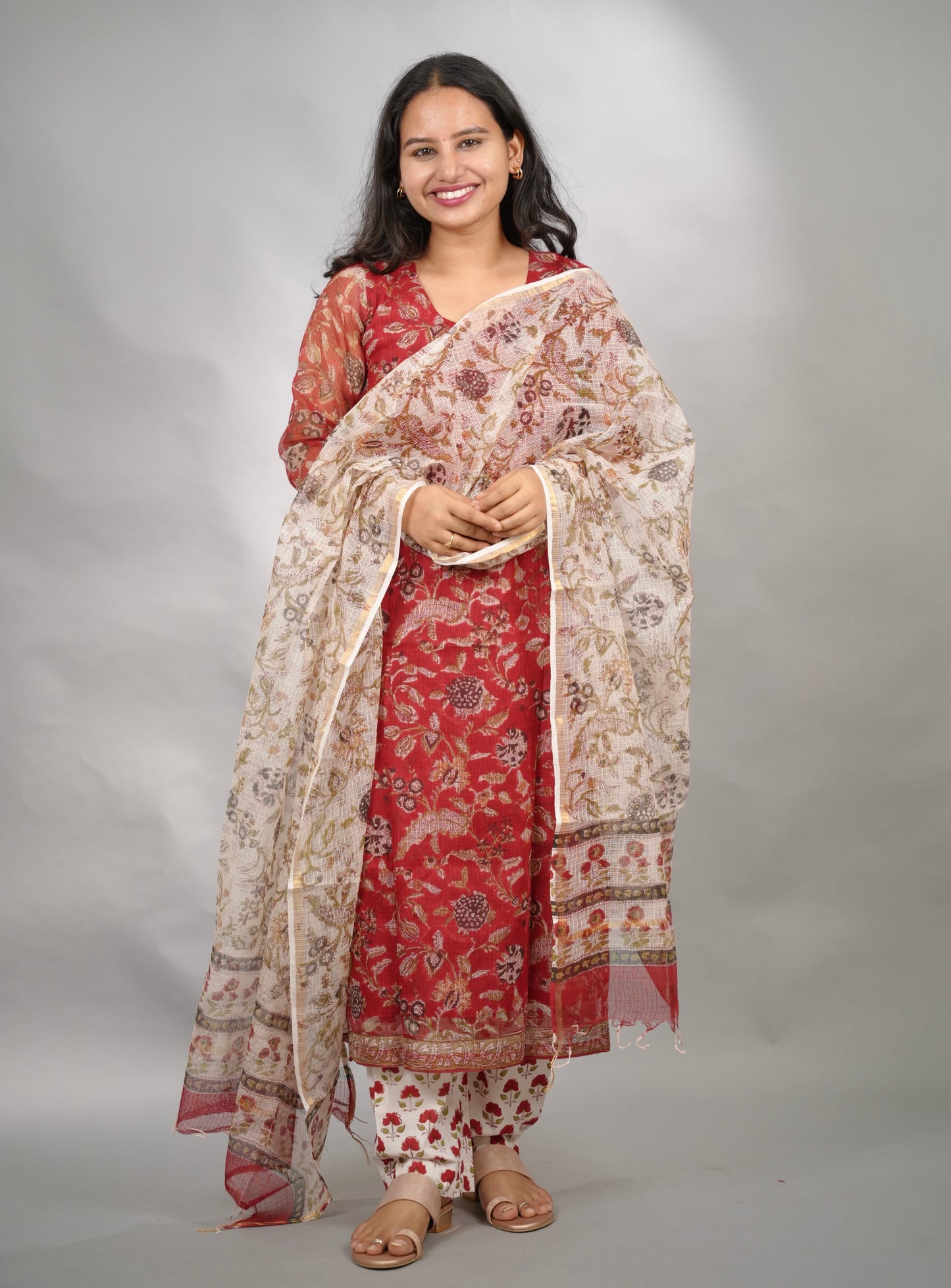 Red Handblock printed kota 3 piece suit (stitched)