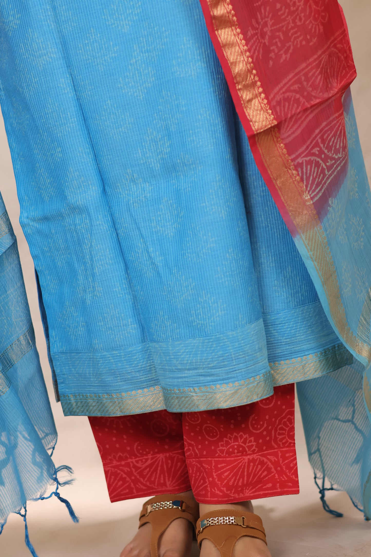 Sky Blue & Red Handblock printed Pure Maheswari Silk 3 piece suit (stitched)