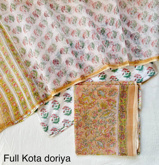 Handblock printed pure kota doria cotton 3 piece suit set