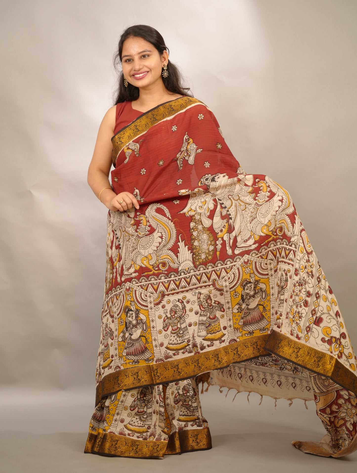 Maroon Kanchi border Kalamkari chennur silk saree | Looms & Tassels