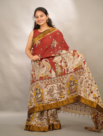 Maroon Kanchi border Kalamkari chennur silk saree | Looms & Tassels