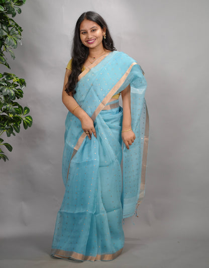 Sky Blue Handwoven Muslin Silk Saree With Sequence Work | Looms & Tassels