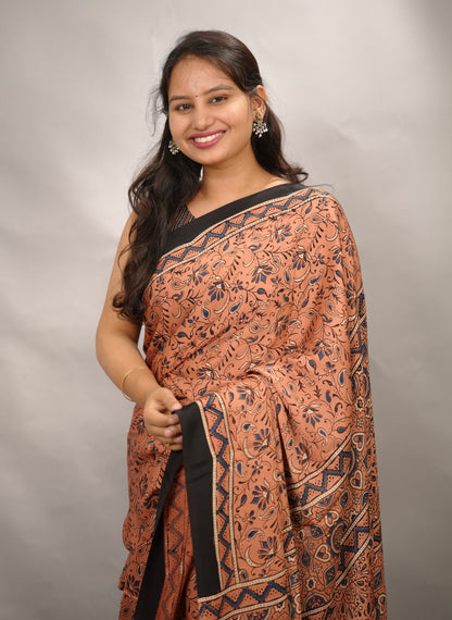 Peach Authentic Ajrakh Handblock Printed Modal Silk Saree | Looms & Tassels