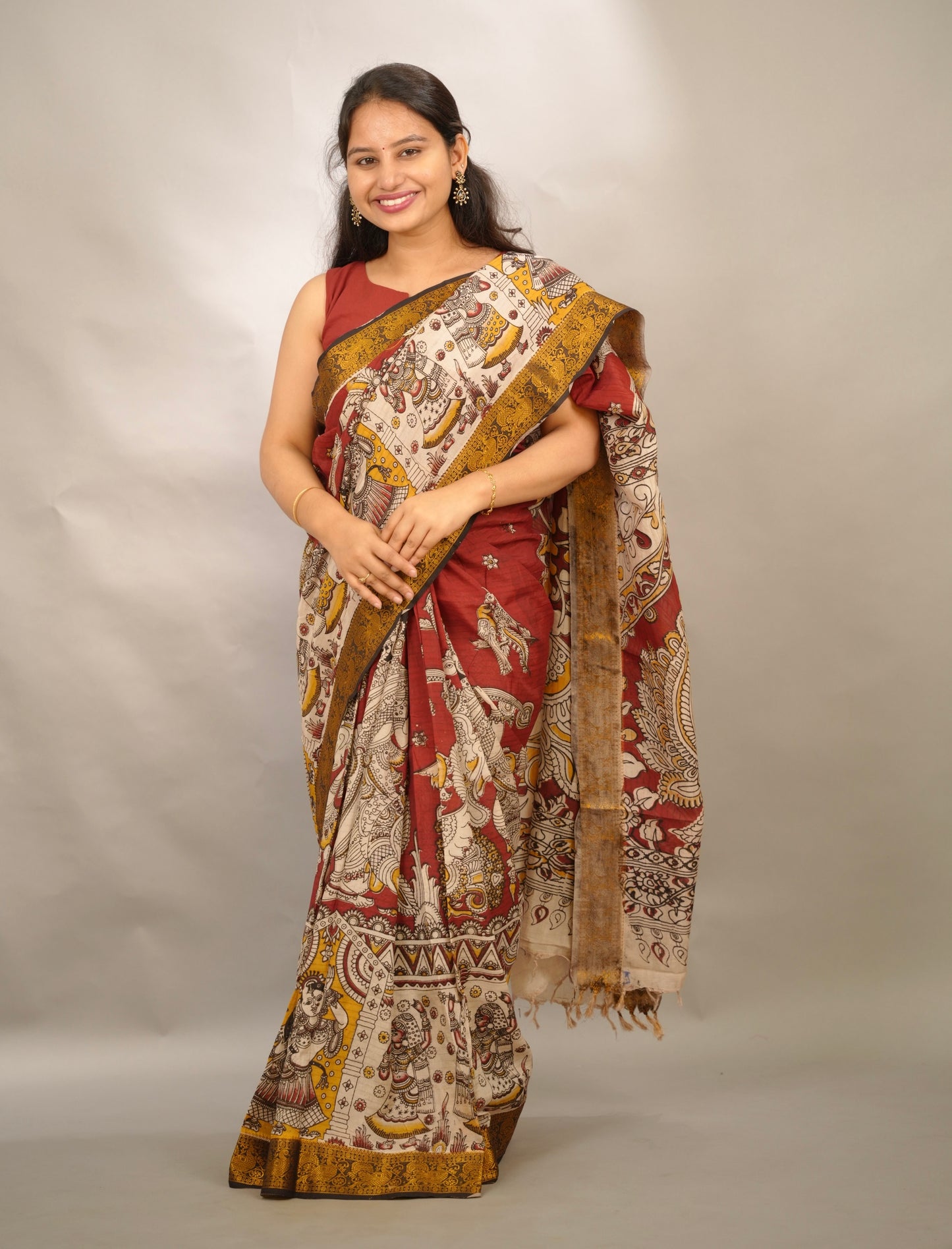 Maroon Kanchi border Kalamkari chennur silk saree | Looms & Tassels