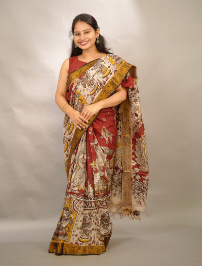 Maroon Kanchi border Kalamkari chennur silk saree | Looms & Tassels