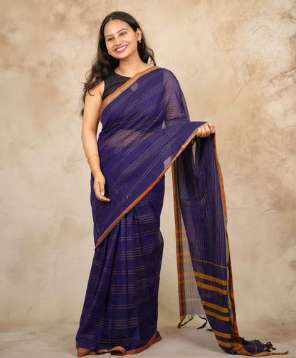 Dark Blue Narayanpet Cotton Saree lines weaving | Looms & Tassels