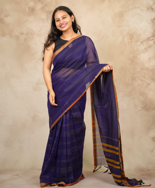 Dark Blue Narayanpet Cotton Saree lines weaving | Looms & Tassels