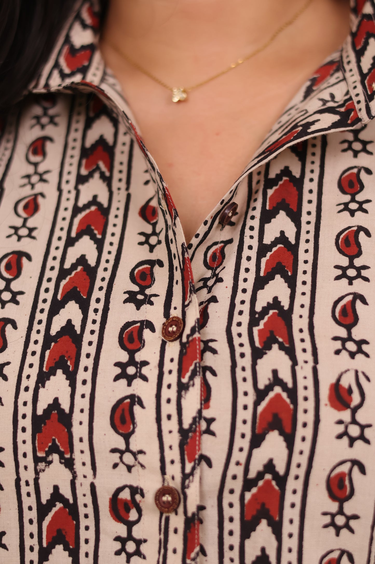 Cream Hand Block Printed Pure Mul Cotton A-Line Shirt Dress | Looms & Tassels