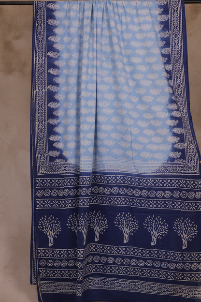 Blue Bagru Handblock printed MulMul cotton saree | Looms & Tassels