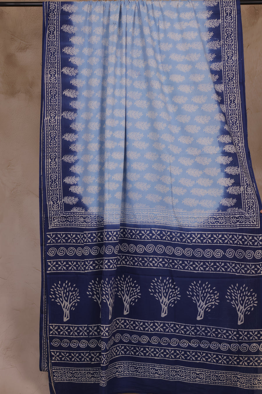 Blue Bagru Handblock printed MulMul cotton saree | Looms & Tassels