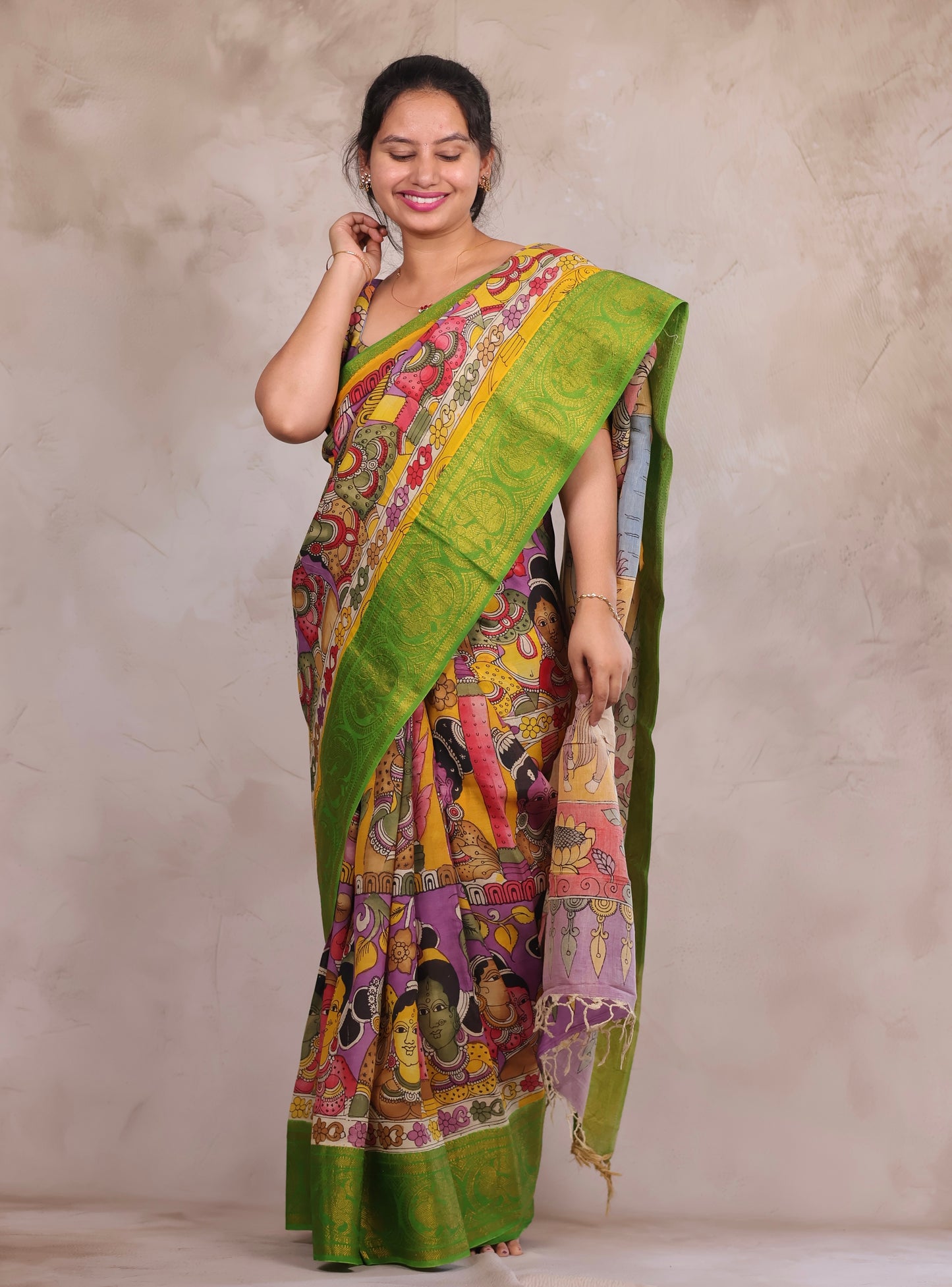 Hand Drawn Pen Kalamkari Lavender And Green Bangalore Silk Kanchi Border Saree | Looms & Tassels