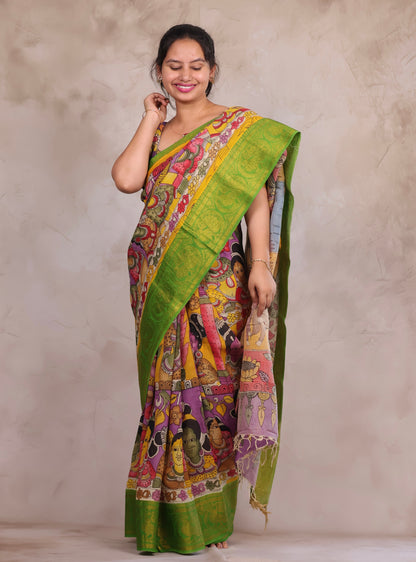 Hand Drawn Pen Kalamkari Lavender And Green Bangalore Silk Kanchi Border Saree | Looms & Tassels