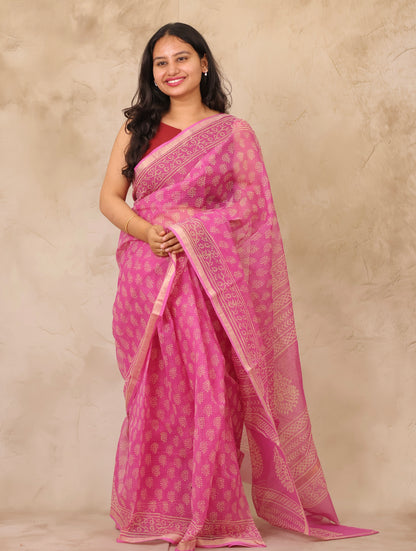 Pink Pure Kota Doria Saree with Bagru Handblock Prints | Looms & Tassels