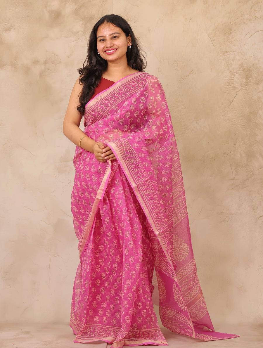 Pink Pure Kota Doria Saree with Bagru Handblock Prints | Looms & Tassels