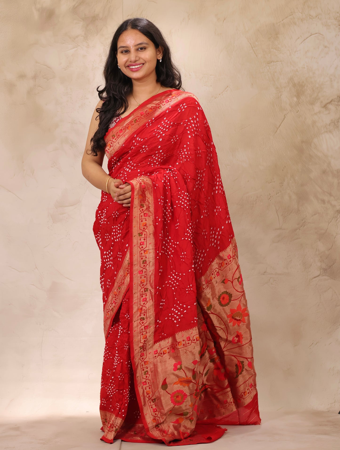 Red Handcrafted Pattern Bandhani Paithani Dola Silk Saree | Looms & Tassels