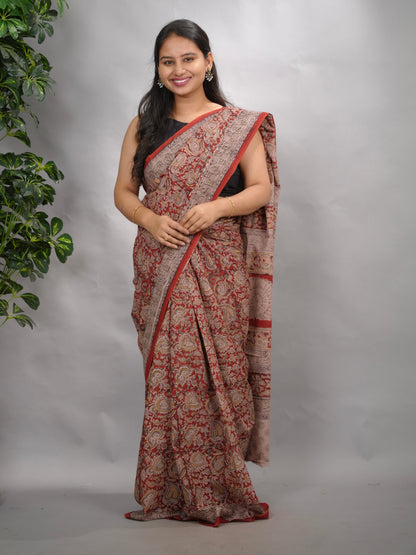Maroon Hand Block Printed Kalamkari Cotton Saree | Looms & Tassels