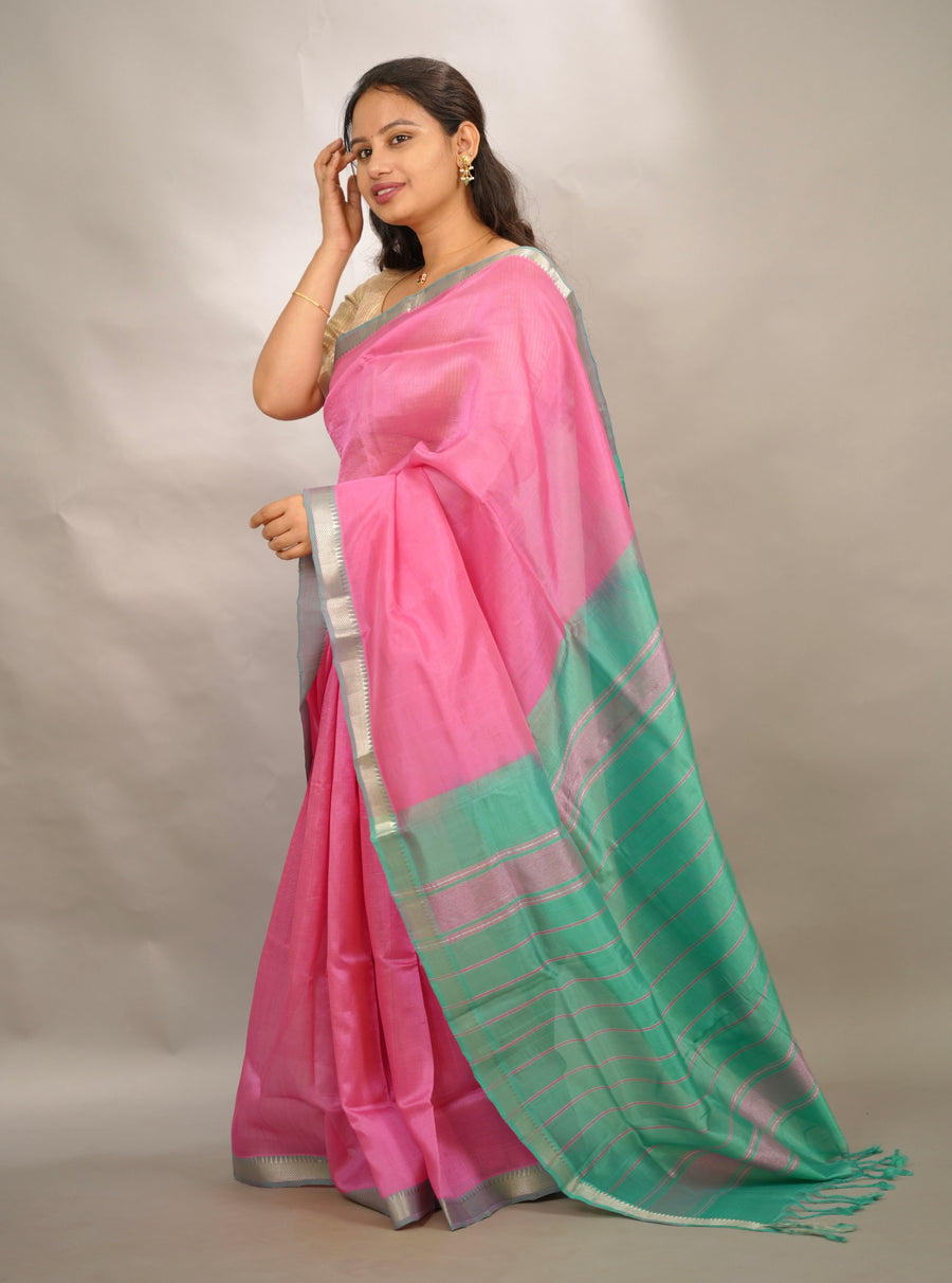 Baby Pink & Seagreen Handloom Mangalagiri Silk Saree| Looms & Tassels