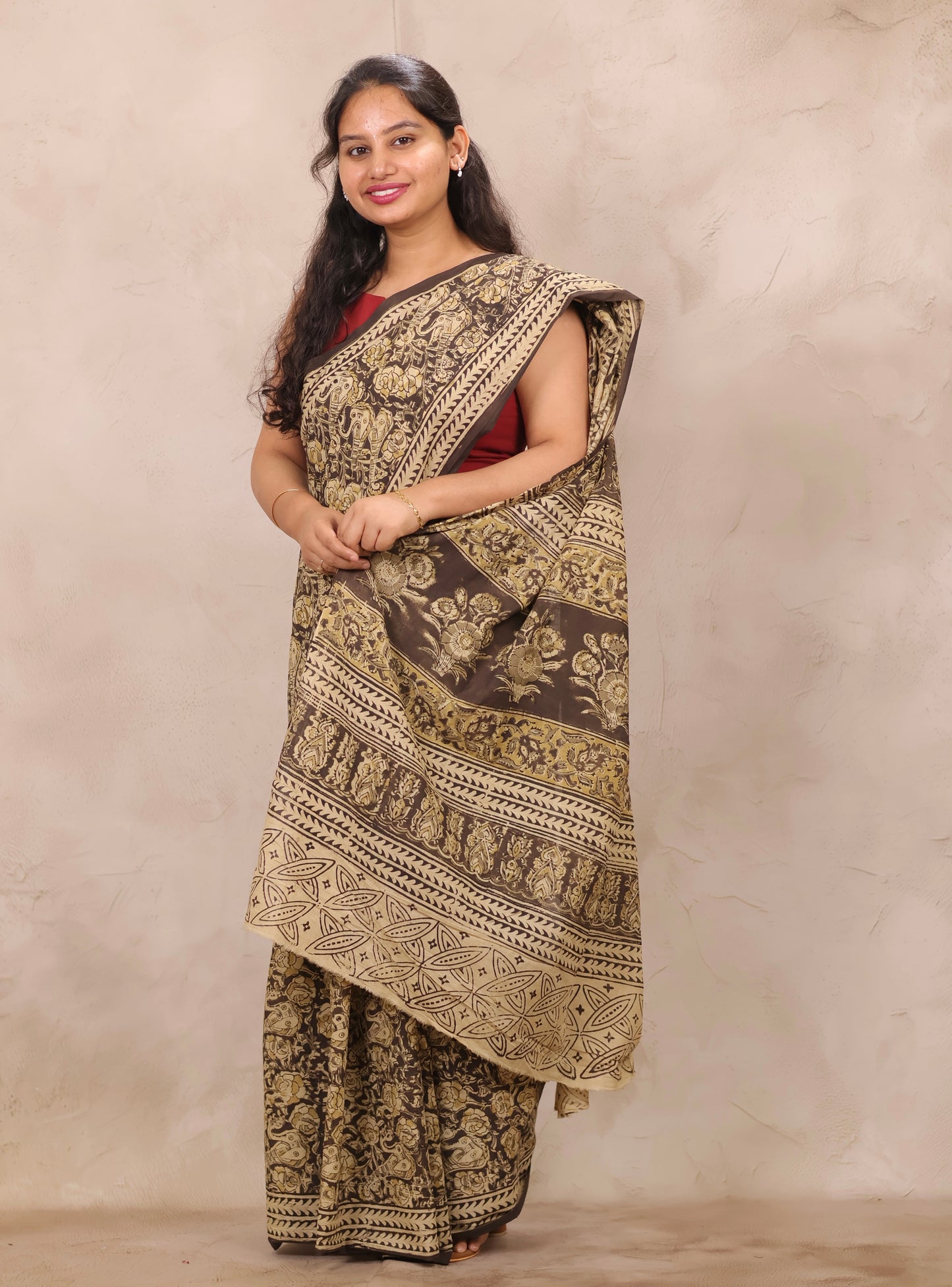 Black Hand Block Printed Kalamkari Cotton Saree | Looms & Tassels