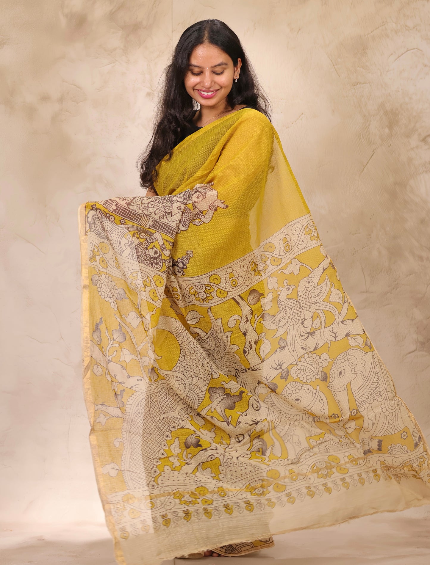 Yellow Kota Doria Saree with Kalamkari Handblock Prints | Looms & Tassels
