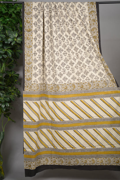 off white Bagru Handblock printed MulMul cotton saree | Looms & Tassels