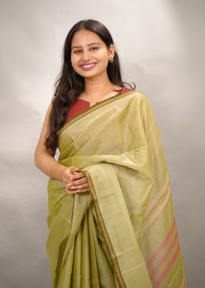 Olive green Narayanpet Cotton Saree | Looms & Tassels