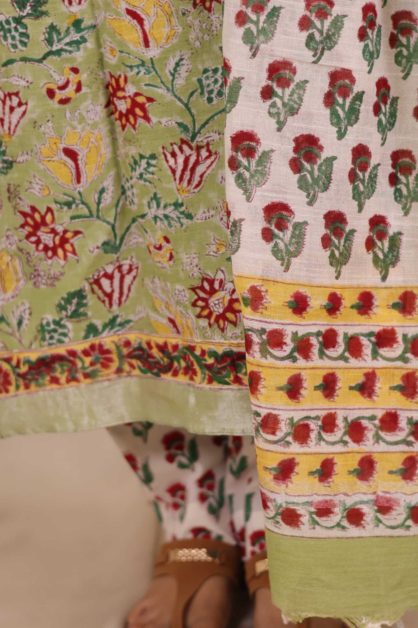 Green Linen Cotton Handblock printed 3 piece suit (stitched)