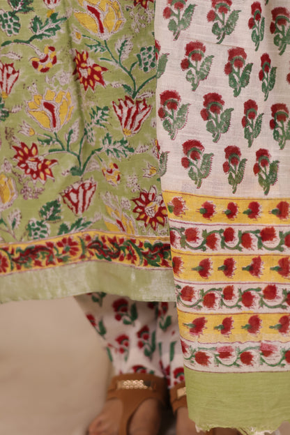 Green Linen Cotton Handblock printed 3 piece suit (stitched)