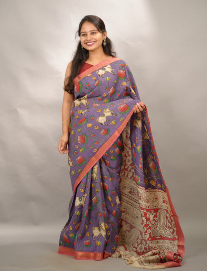 Lavender Kalamkari Nizam Border Chennur Silk Saree | Looms & Tassels
