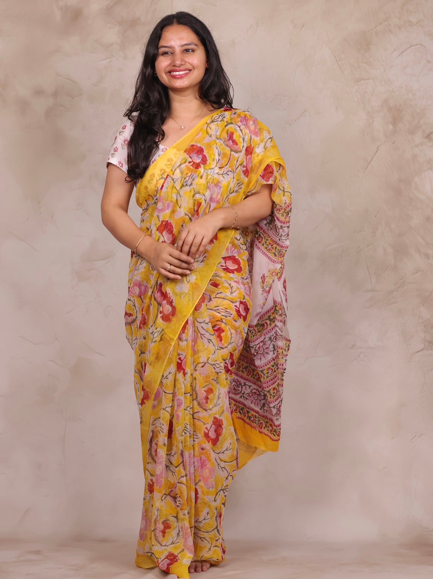 Yellow Chiffon Bagru Hand Block Printed Saree | Looms & Tassels