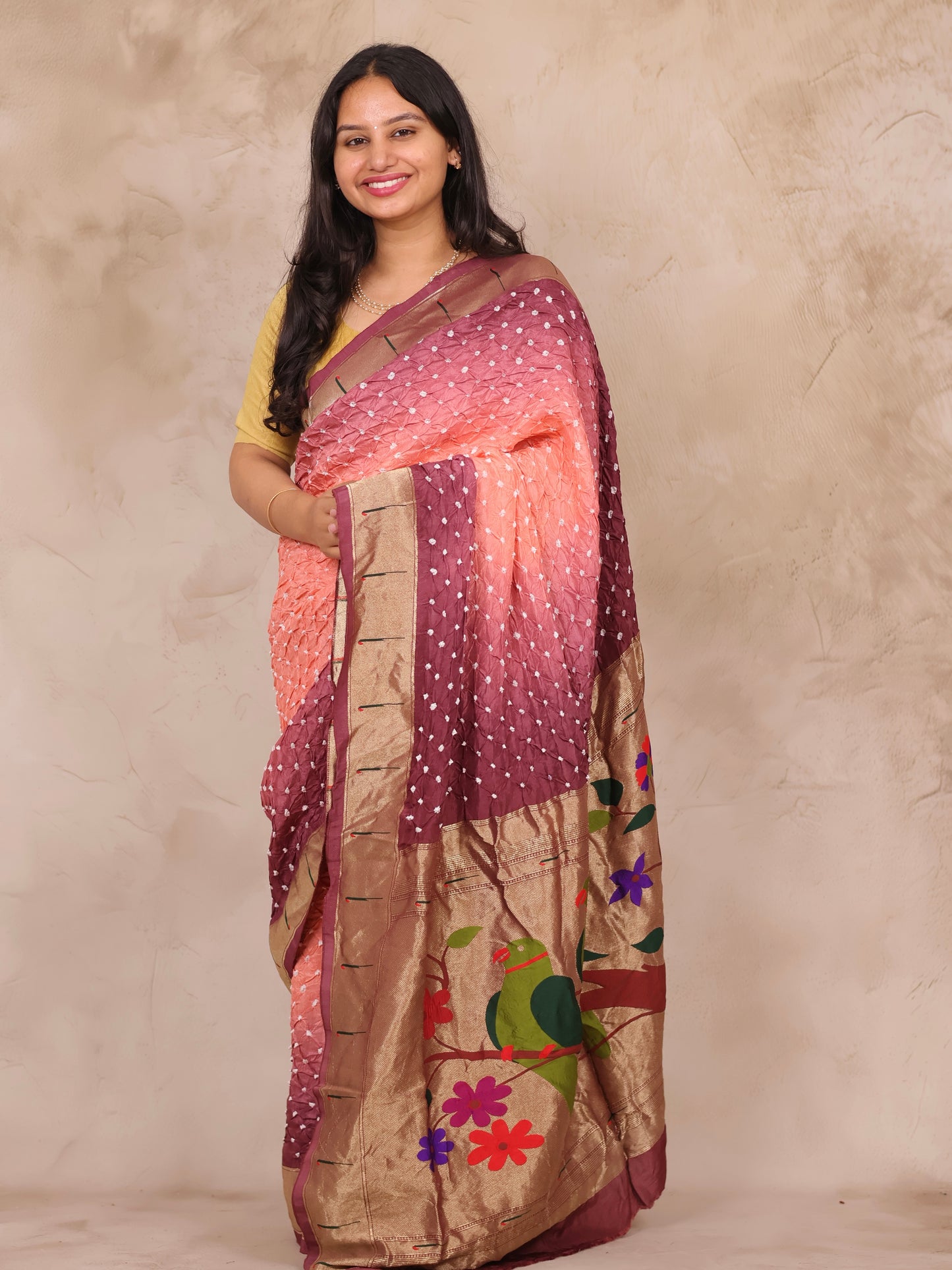 Peach & Wine Handcrafted Bandhani Paithani Dola Silk Saree | Looms & Tassels