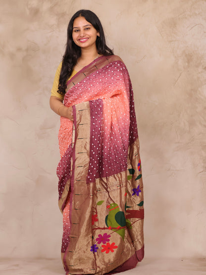Peach & Wine Handcrafted Bandhani Paithani Dola Silk Saree | Looms & Tassels