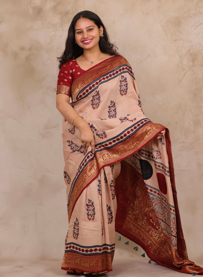 Ajrakh Handblock printed Dola Silk Saree | Looms & Tassels
