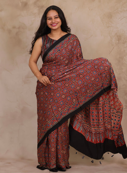 Red Handcrafted Ajrakh Modal Silk Saree with Authentic Banjara Mirror Work | Looms & Tassels